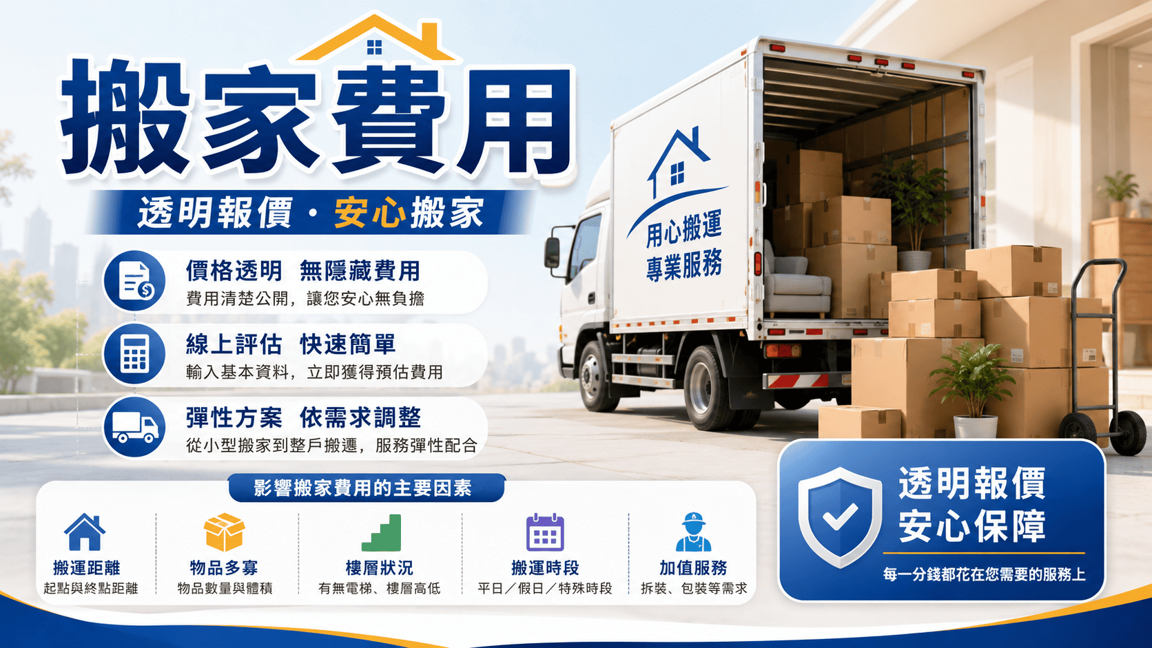 搬家費用會受到物品數量、車輛大小、人力安排、搬運距離、樓層、電梯、停車距離、特殊物品與搬家日期影響