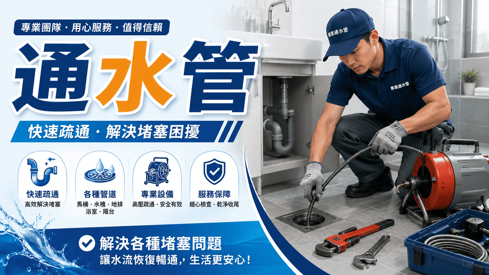通水管最重要的不是急著拿工具亂戳，而是先判斷堵塞位置與原因。