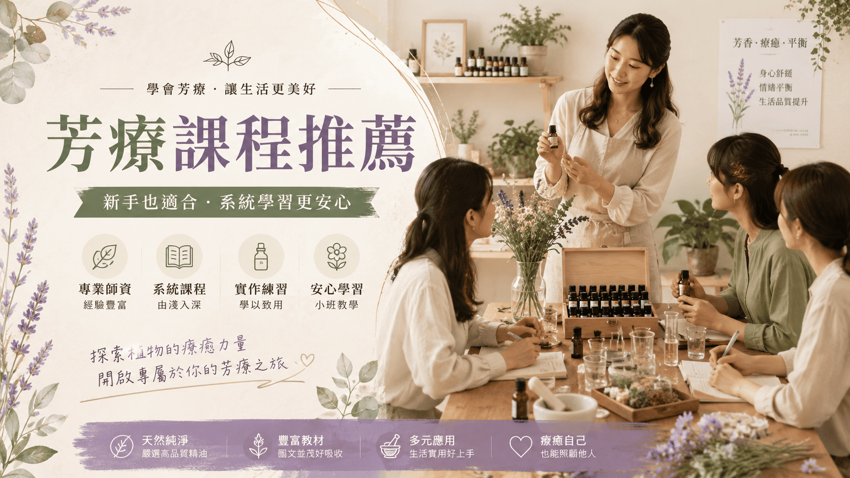 芳療課程近年越來越受歡迎，不只是因為精油香氣能增加生活儀式感，也因為許多人開始重視身心放鬆、自然保養與壓力管理。