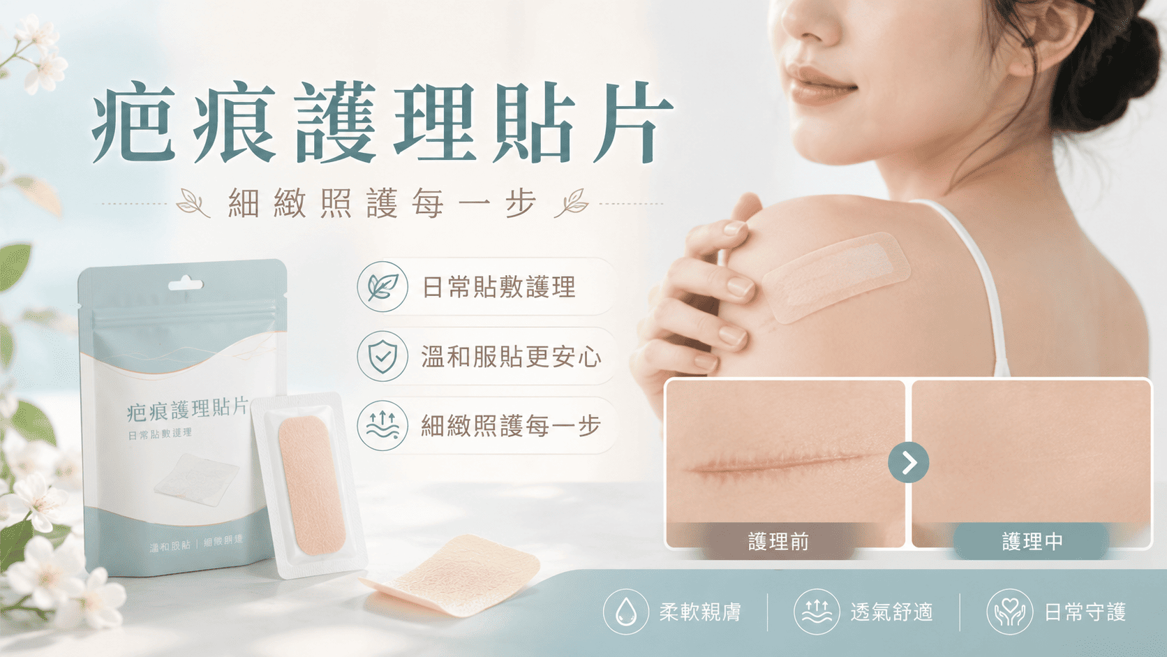 疤痕護理貼片是常見的術後與傷口癒合後照護產品，常用於手術切口、外傷後疤痕、剖腹產疤痕、醫美手術後疤痕或其他已穩定閉合的傷口區域。