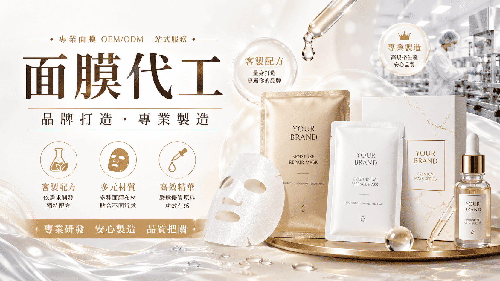 不同面膜代工廠提供的服務內容差異相當大，有些專精 OEM 生產，有些則能提供 ODM 配方開發