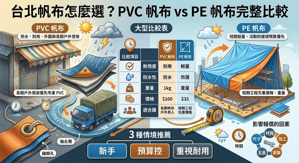 台北帆布怎麼選?PVC 帆布 vs PE 帆布完整比較,從防水、耐用到價格一次看懂