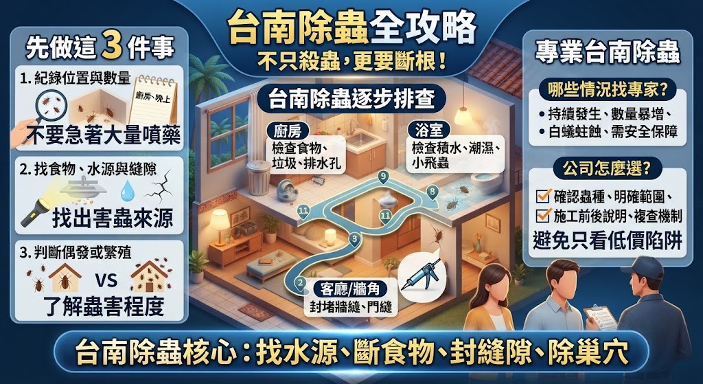 台南除蟲怎麼辦？蟑螂、螞蟻、蚊蟲與白蟻原因、排查與處理指南