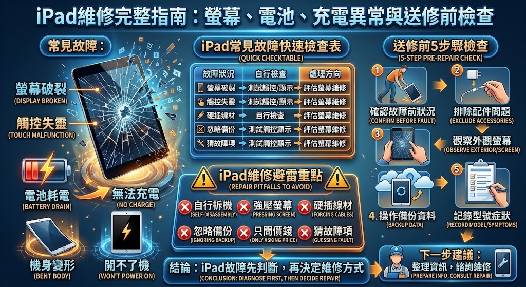 iPad維修完整指南：螢幕、電池、充電異常與送修前檢查
