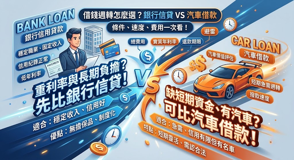 借錢週轉怎麼選?銀行信貸 vs 汽車借款,申請條件、速度與費用一次比較