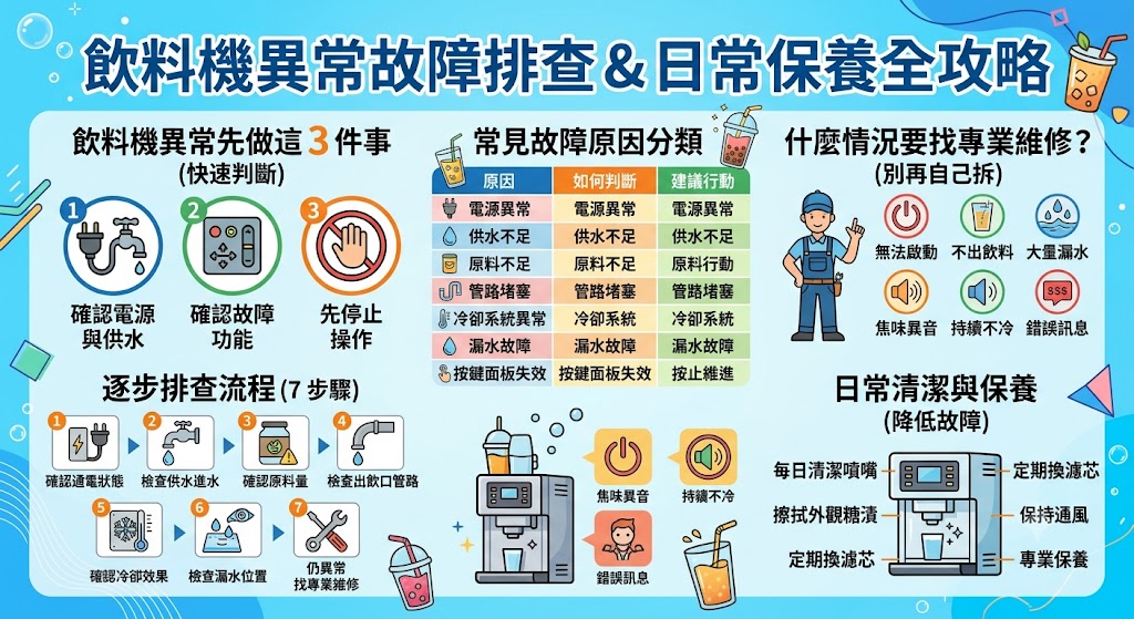 飲料機故障怎麼辦？不出飲料、漏水、不冰與異常原因排查一次看